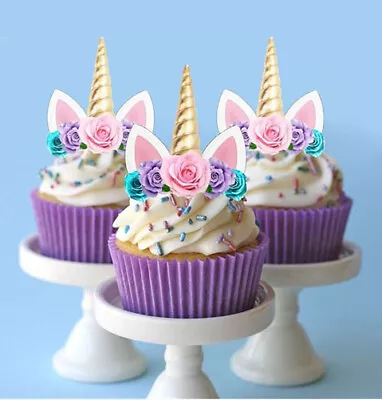 24 PRE-CUT Edible Unicorn Gold Horn Cupcake Cake Toppers Images Cake Decoration • $15.95