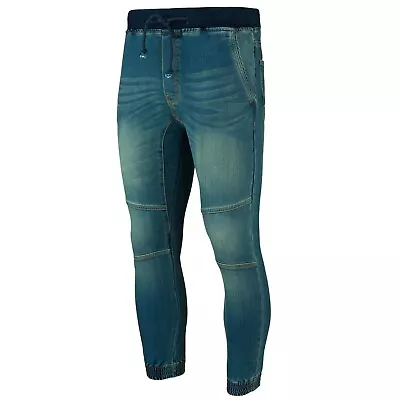 Men's Jean Indigo Blue Knitted Denim Cuffed Jeans Slim Style Pant Joggers Bottom • $126.28