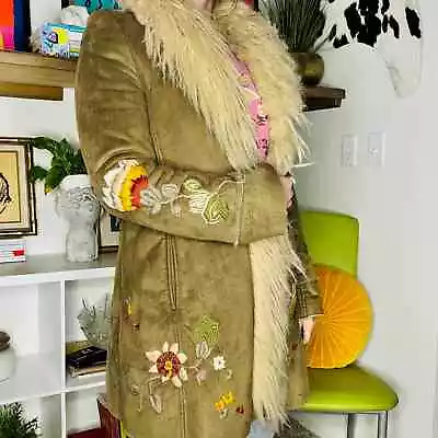 Rare VTG Shearling Miss Sixty Made In Italy Suede Fur Floral Embroidered Jacket • $343.85