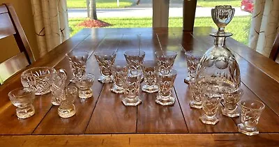 19 Pc Vtg Barware Decanter Grape Vine Etched Crystal Cordial/liquor/Shot Glasses • $124.99