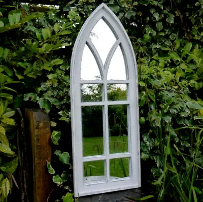 Large White Arched Mirror Gothic Window Distressed Wood Wall Garden Hall Decor • £49.99