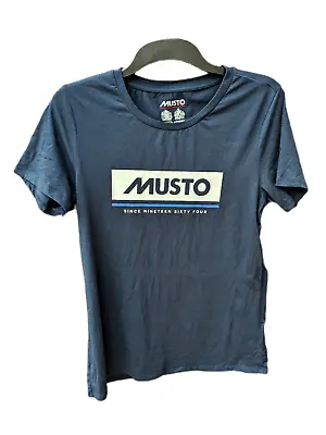 Musto Tshirt Womens UK 14 Blue Short Sleeve Top Organic Cotton Graphic 2.0 Logo • £9.95