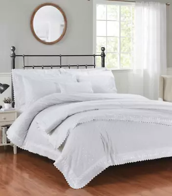 Richmond White Broderie Anglaise Lace Trim Embroidered Duvet Quilt Cover Set • £38.99