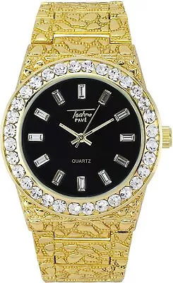 Men Iced Watch Bling Rapper Simulate Lab Diamond Gold Black Metal Band Luxury • $23.98