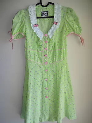 Vintage 1970s Green Foxy Lady Dress XXS XS Pink Flowers White Eyelet Lace • $44.99