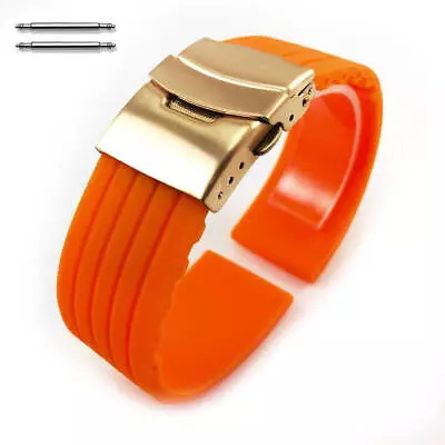 Orange Rubber Silicone Watch Band Strap Rose Gold Double Locking Clasp #4013RG • $14.95