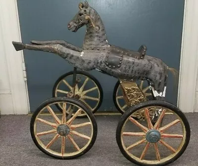 ANTIQUE 4 WHEELED FRENCH VELOCIPEDE HORSE CYCLE FOLK ART HORSE Ride On Toy • $949.99