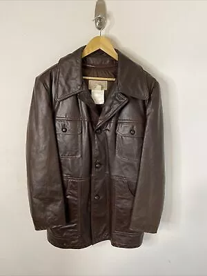 Vintage Sears 70s Men 42 M Brown Leather Jacket Down Insualted Lined Disco  • $79