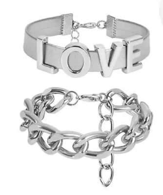 £5.99 • Buy Womens Fashion Bracelet Set.2 Chunky Style Bracelets. Silver Colour New In Stock