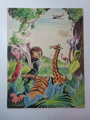 Vintage Children's Book Original Art - Painting WILD JUNGLE ANIMALS & AIRPLANE • $124.99