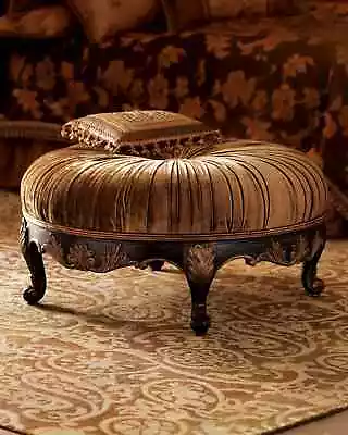 Massoud Scala Round Single Button Tufted Velvet Handcrafted Mahogany Ottoman • $1659