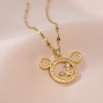 Titanium Gold Disney Mickey Mouse Pave CZ Pendant Chain Necklace • $12.99