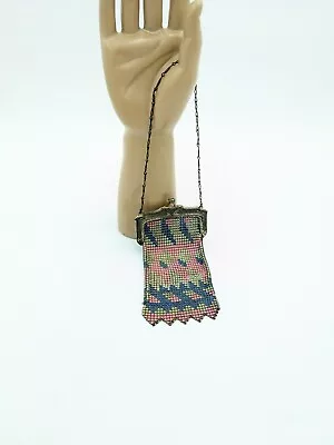 Antique Whiting & Davis Enameled Mesh Flapper Purse Pink & Blue Geometric • $125