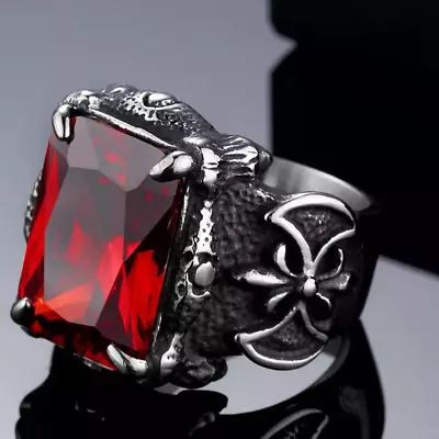 Men Vintage Heavy Duty Big Red Stone Ring Square Shape Ring 925 Silver Plated • $13.99