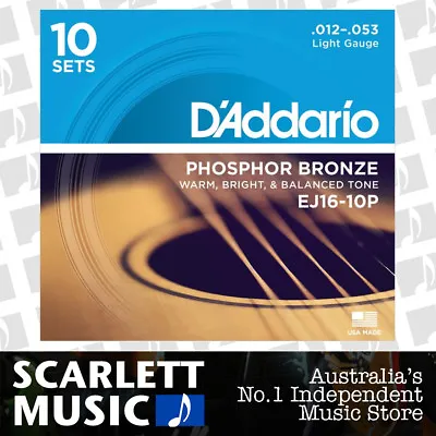 $89.99 • Buy 10 Pack D'Addario EJ16 Phosphor Bronze Light Acoustic Guitar Strings 12 - 53