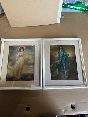 2 Vintage Framed Blue Boy & Pinkie Wall Art Painted Wood Glass Framed Prints • $15