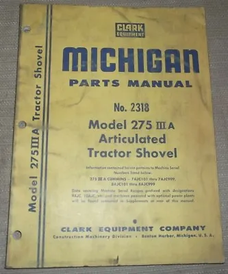 Michigan Clark 275-iii-a Tractor Shovel Loader Parts Manual Book Catalog • $44.99