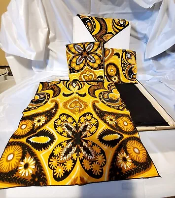 Vintage Vera 4 LINEN Placemats & 4 COTTON Napkins Set GOLD BLACK FOLK PAISLEY • $19.50