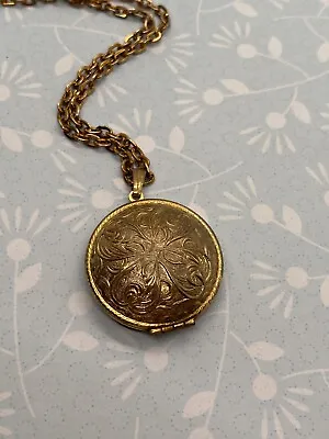 Vintage Avon Empty Perfume Locket Necklace Gold Scroll Round  • $5.99