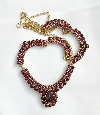 Vintage Gilt Sterling Silver 900 Women's Jewelry Necklace Czech Bohemian Garnet • $600