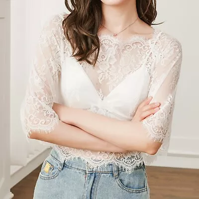Top Lace Slightly Elastic Solid Color High Collar Hollow Gauze Pullover • £7.58