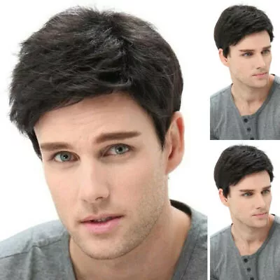 Handsome Mens Short Wavy Wig Natural Black Cosplay Party Full Hair Wigs Toupee • £15.19