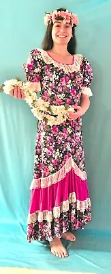 Vintage Handmade Long Hawaiian Dress-navy White & Pink Trimmed With White Lace • $75