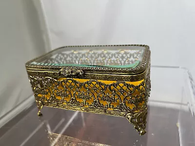 Matson Vintage Jewelry Casket Dresser Box Ormolu-Gold Glass Hollywood Regency • $55