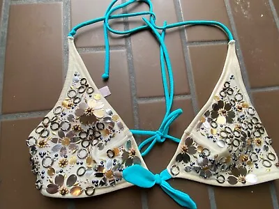 Victoria’s Secret White / Blue Studded Beaded Triangle Bikini Top Size Large • $19.95