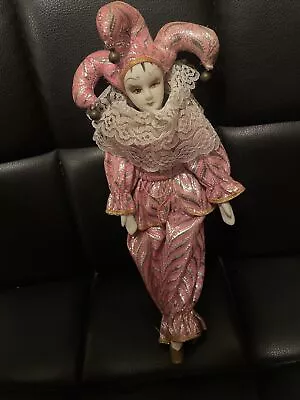 Porcelain Mardi Gras Jester Harlequin Doll 11” In Pink Silver Gold • $29.99