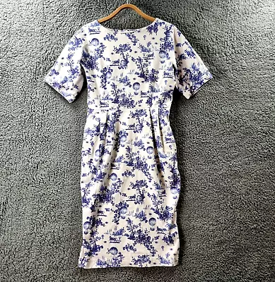 $28.95 • Buy ASOS Womens Penciil Dress Size 12 White Blue Scenery Print Short Sleeve