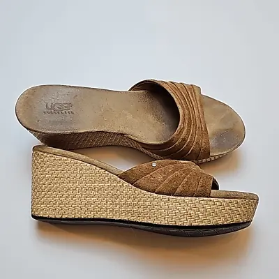 Ugg Ladies Alvina Slip-on Brown Suede Jute Wedge Mules Slides Sandals • $41