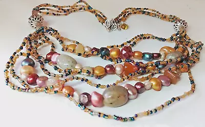  ST29 --beautiful Multi-row Glass Beads Genuine Pearls Crystals Agate Necklace • £28