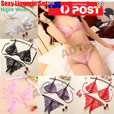$5.95 • Buy Women Sexy Lace Bra Briefs Set Lingerie Crotchless Nightwear Sheer Underwear AU