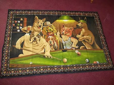 VINTAGE Dogs Playing Pool BILLIARDS Wall Rug Velvet Tapestry TURKEY 40″ X 57″ • $75