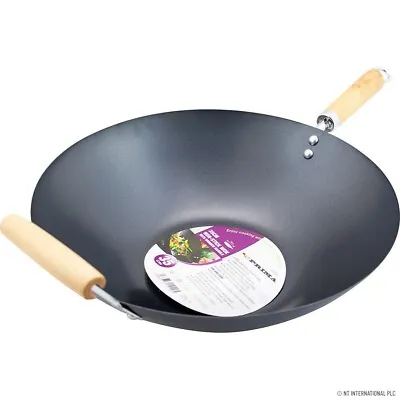 35cm Non Stick Wok Stir Fry Noodles  Frying Pan Cooking Double Wooden Handle New • £14.99
