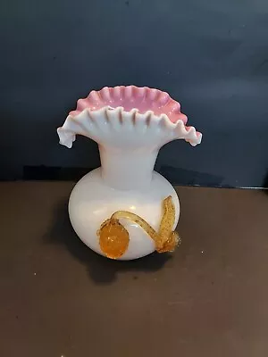 Vintage White Blown Glass Ruffled Edge Vase Pink Interior Applied Berry • $29.99