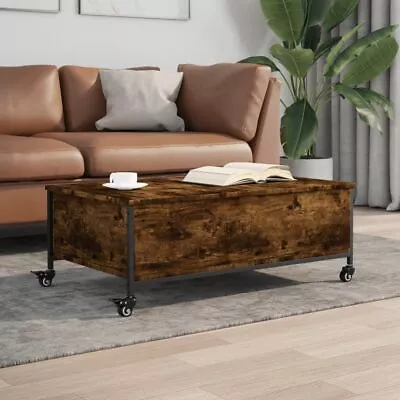 Industrial Rustic Smoked Oak Wooden Coffee Table With Wheels Storage Compartment • $149.99