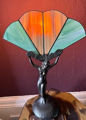 Art Deco Style Nude Lady Table Lamp Metal With Green And Gold Glass Fan • £26