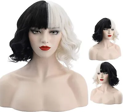 £8.89 • Buy Cruella De Vil Emma Black White Curly Wig, Halloween Cosplay Daily Party Wigs