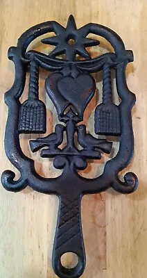 Vintage Cast Iron Footed Trivet  Embellished With Brooms Love Birds And Hearts  • $12