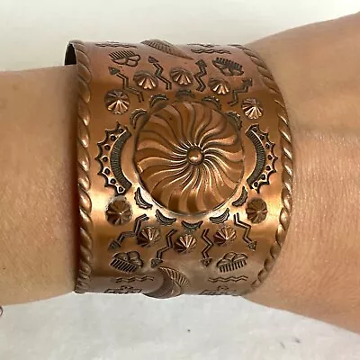 VTG Bell Trading Solid Copper Southwest Style Concho Stamped Wide Cuff Bracelet • $55