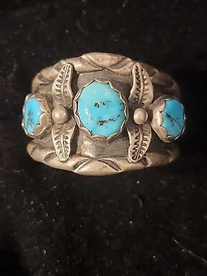 Vintage Navajo Sterling Silver Leaf Turquoise Stones Men's Ring Size 9 Or 14 • $75