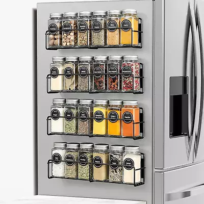 Magnetic Spice Rack 4 Pack 24 Square Glass Jars W Lids Space Saver Printed Label • $51.99