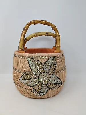 Vintage Antonello Serio Straw Wicker Bamboo Italian Purse Bag BOHO Flower Beaded • $49.95