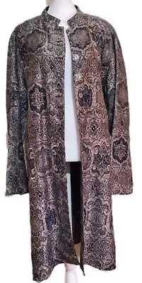 Chico’s Black Tan Medallion Fleur-de-lis Beaded Damask Duster Topper Kimono L • $36