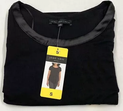 Joan Vass Black T-Shirt Tunic Top Satin Trim Short Sleeve Sz S NWT • $13.96