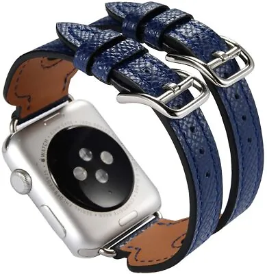 $8.99 • Buy Genuine Leather Band Double Cuff Buckle For Apple Watch 6 5 4 3 2 1 42mm 44mm Bl