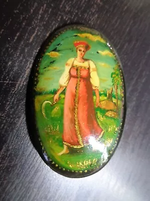 Vintage Handsigned Made In Russia Handpainted Lady Scene Oval Lacquered Brooc • $6.99