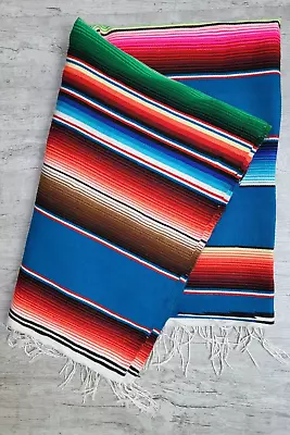 Vintage Brightly Colored Hand Loomed Wool Serape Saltillo Blanket  62  X 86  • $67.50